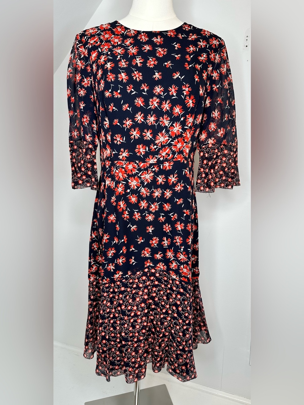 LK Bennett Pros Silk Dress US 8 Sloane Blue Floral Print Fit & Flare Dress - Picture 3 of 12